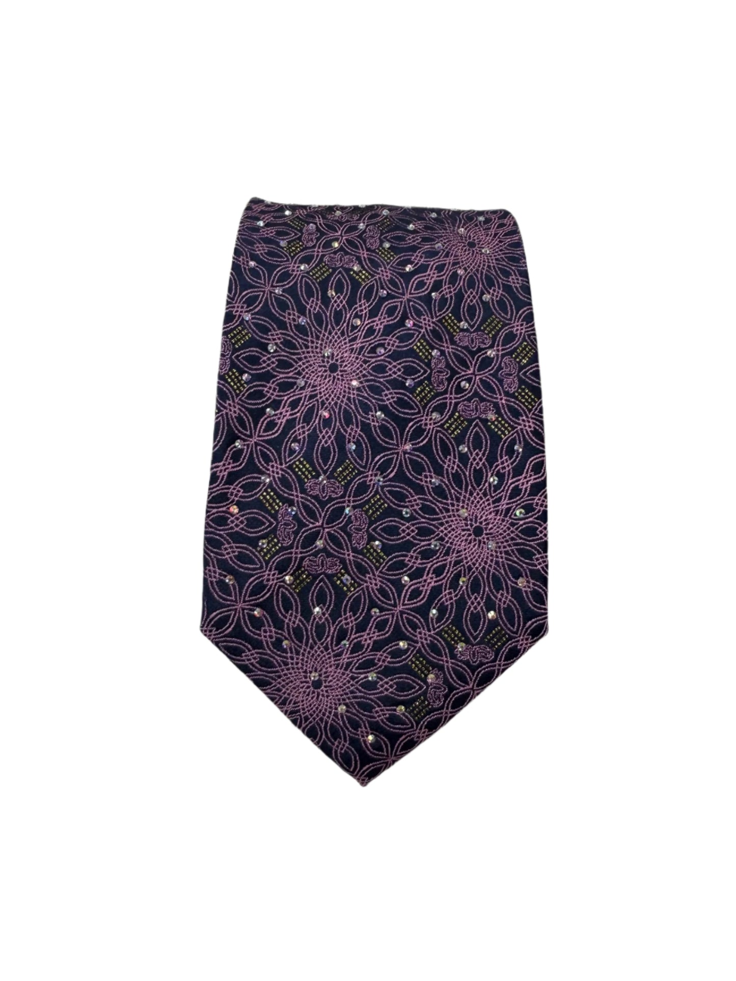 Purple Pattern Korean Tie with Rhinestones and Gold Accent