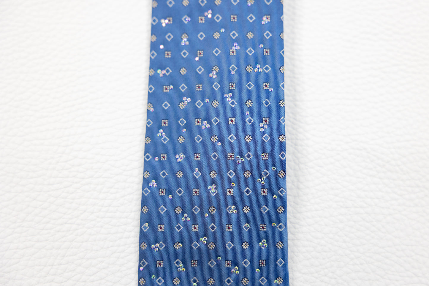 Blue Silk Tie with Rhinestones and Floral Micro-Pattern