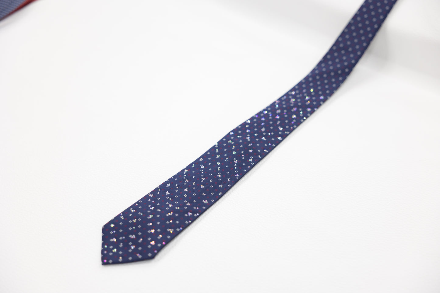 Navy Blue Silk Tie with Red & White Micro Floral Pattern