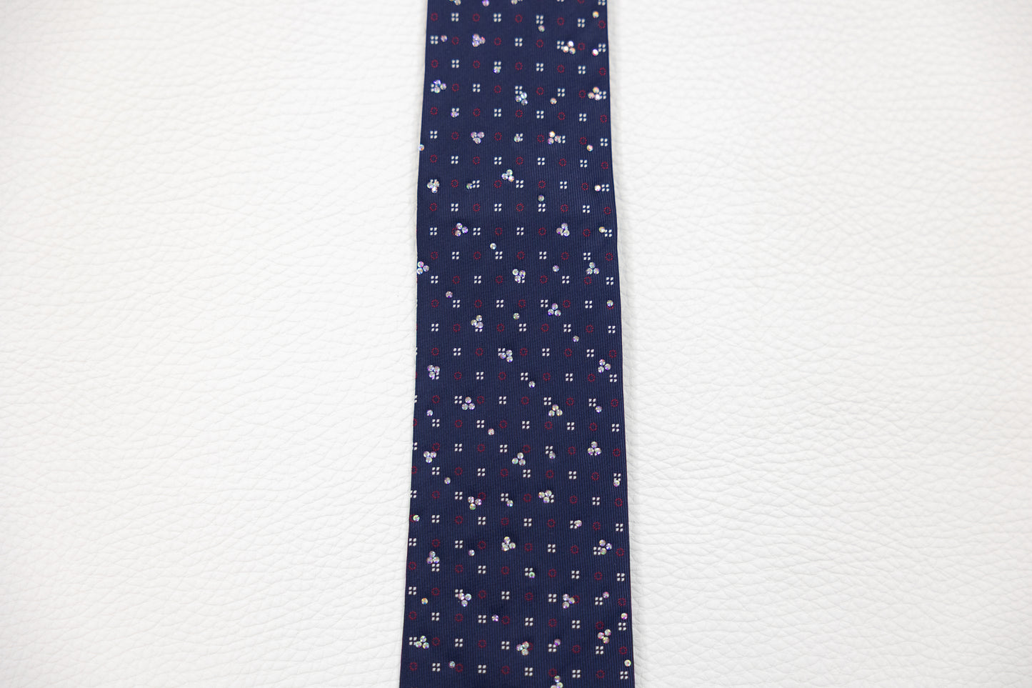 Navy Blue Silk Tie with Red & White Micro Floral Pattern