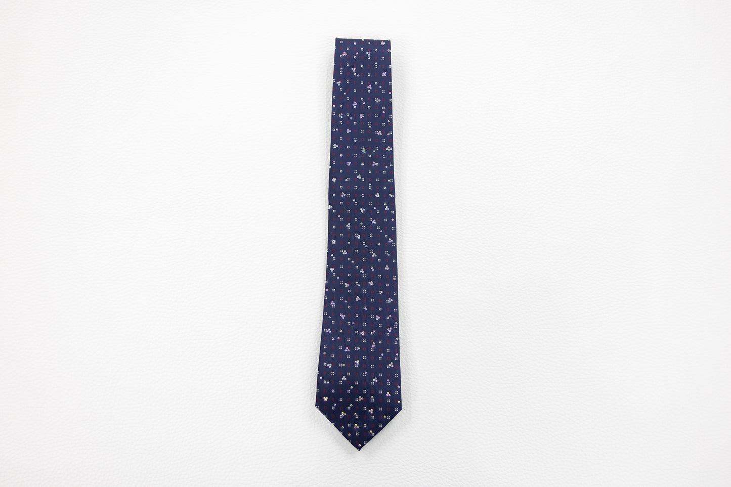 Navy Blue Silk Tie with Red & White Micro Floral Pattern
