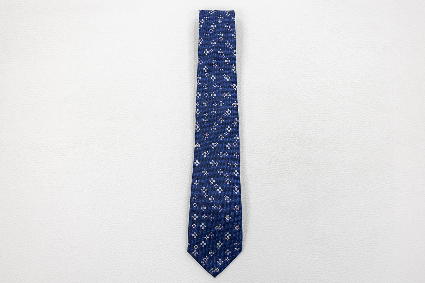 Navy Blue Silk Tie with Diagonal Floral Dot Patterns